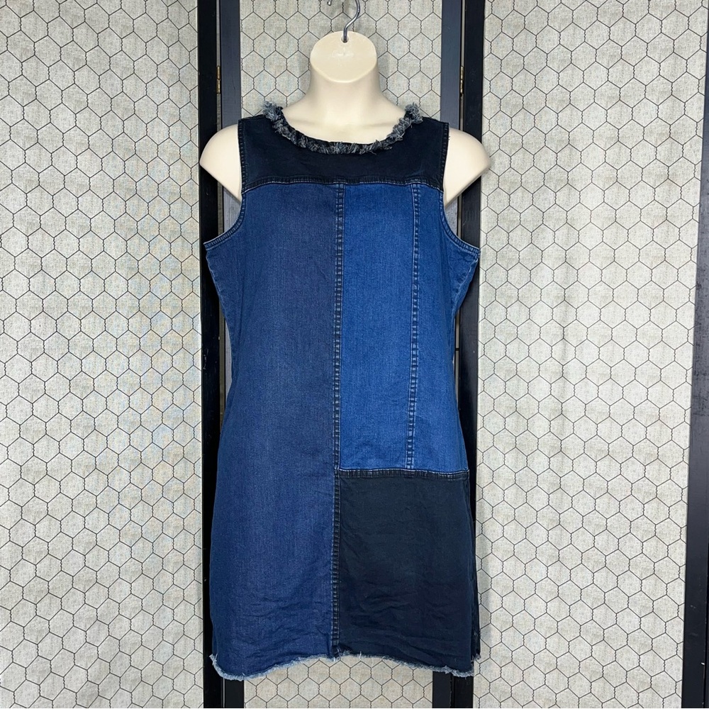 Hope & Harlow Sleeveless Cotton Denim Patchwork Frayed Raw Dress